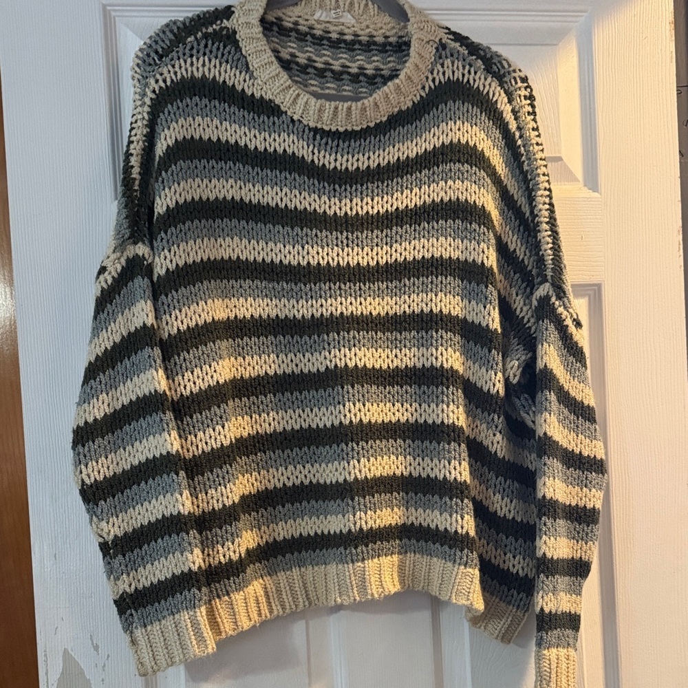 easel Striped Crewneck Sweater in Olive Green and Cream
